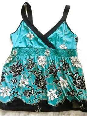 Style & co Ladies Sun Top L Floral Turquoise Black White Crossover V Ruching